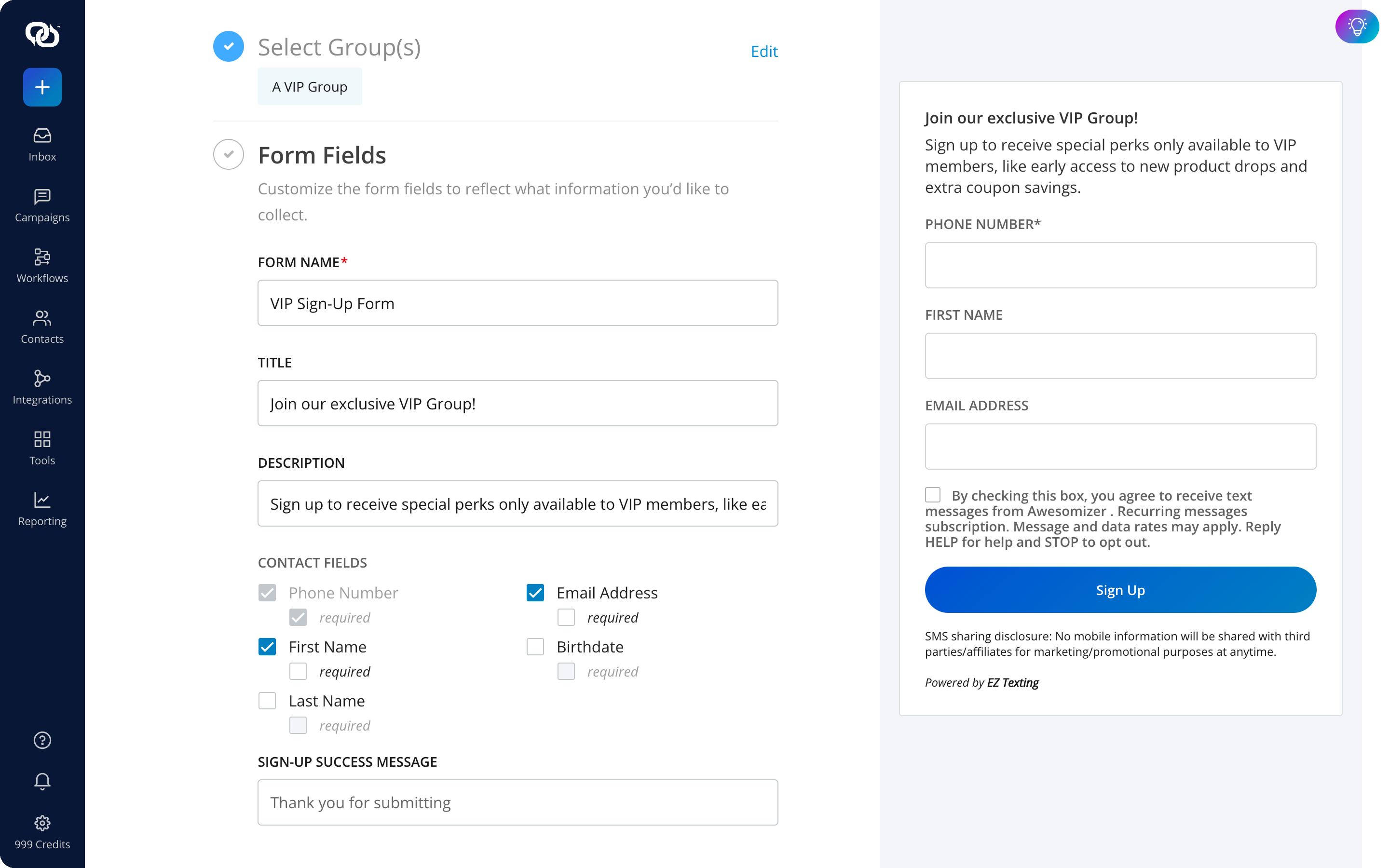 EZ Texting sign-up form builder for collecting SMS opt-ins from website visitors