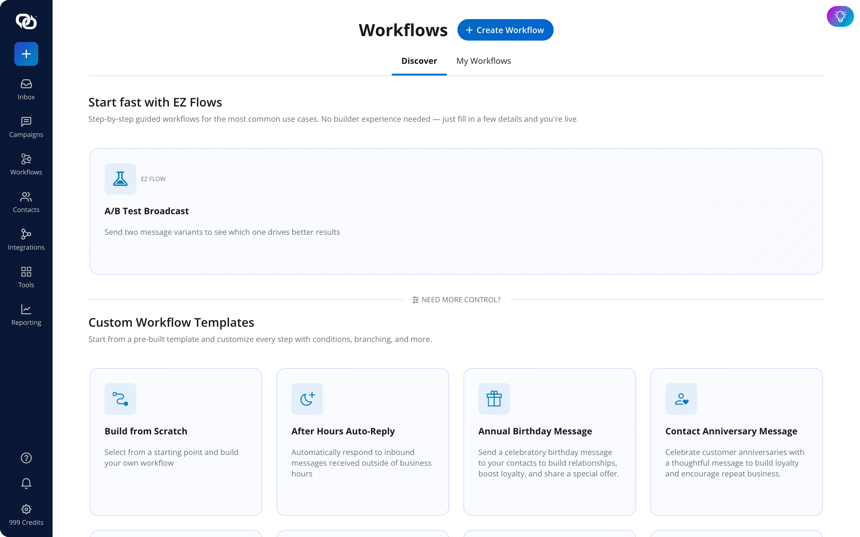 The EZ Texting Workflows builder showing event-triggered message templates